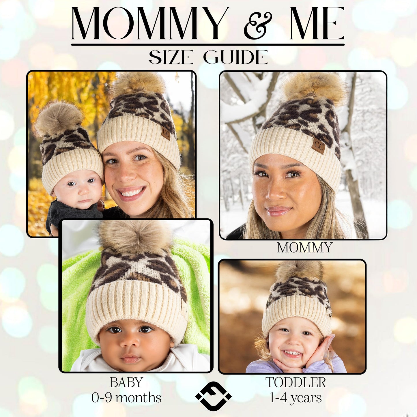 Funky Junque Matching Adult Toddler Infant POM Hat - Adult/Toddler/Infant Leopard Beige (3 Pack)