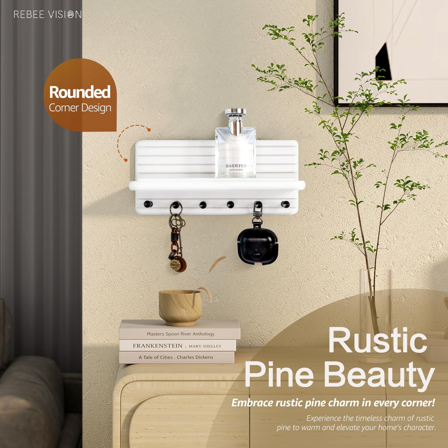 Rebee Vision Decorative Key Holder Wall Mount for Home Organization – 11-inch Pine Wooden Key Holder for Wall with 6 Hooks & Floating Shelf - Modern Farmhouse Home Decor (White)