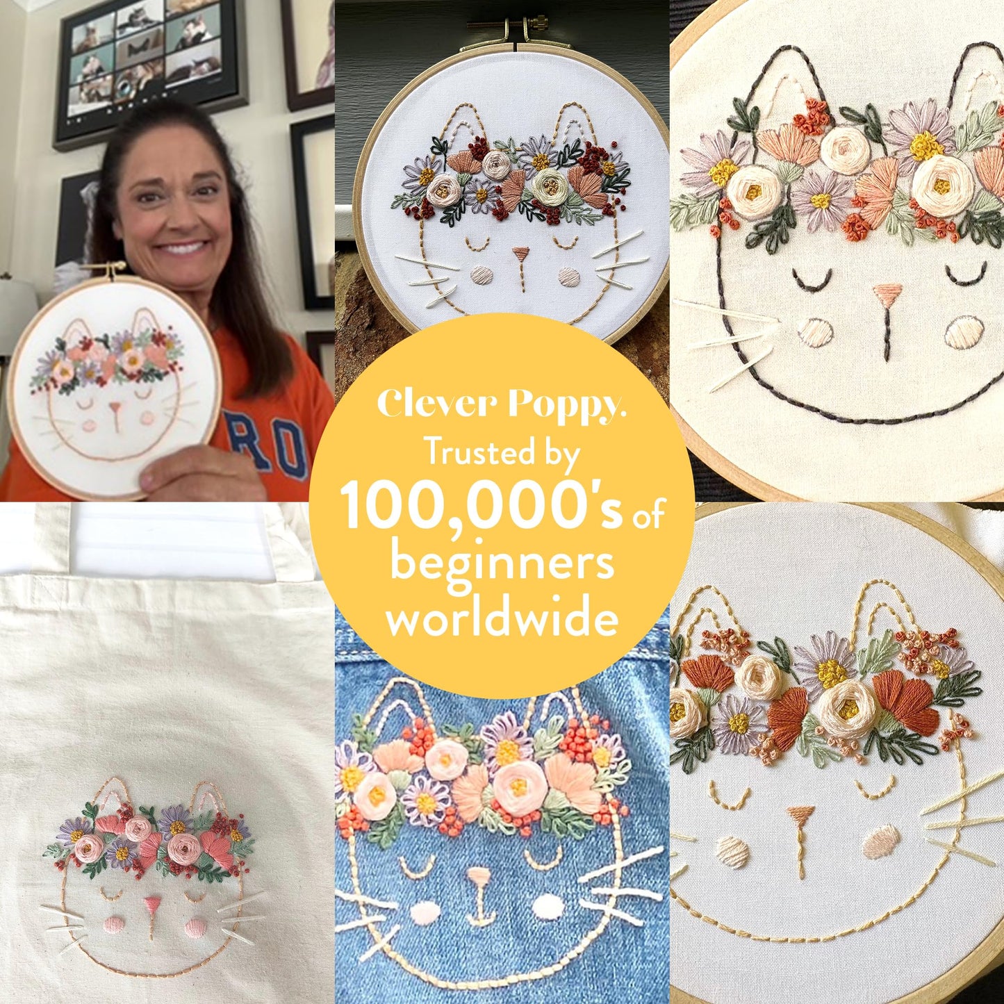 Clever Poppy Flora the Cat Beginner Embroidery Kit – Easy Embroidery Kit for Beginners with Hoop, Thread & Patterns – Hand Embroidery Kit for Adults and Teens – Complete Embroidery Starter Kit