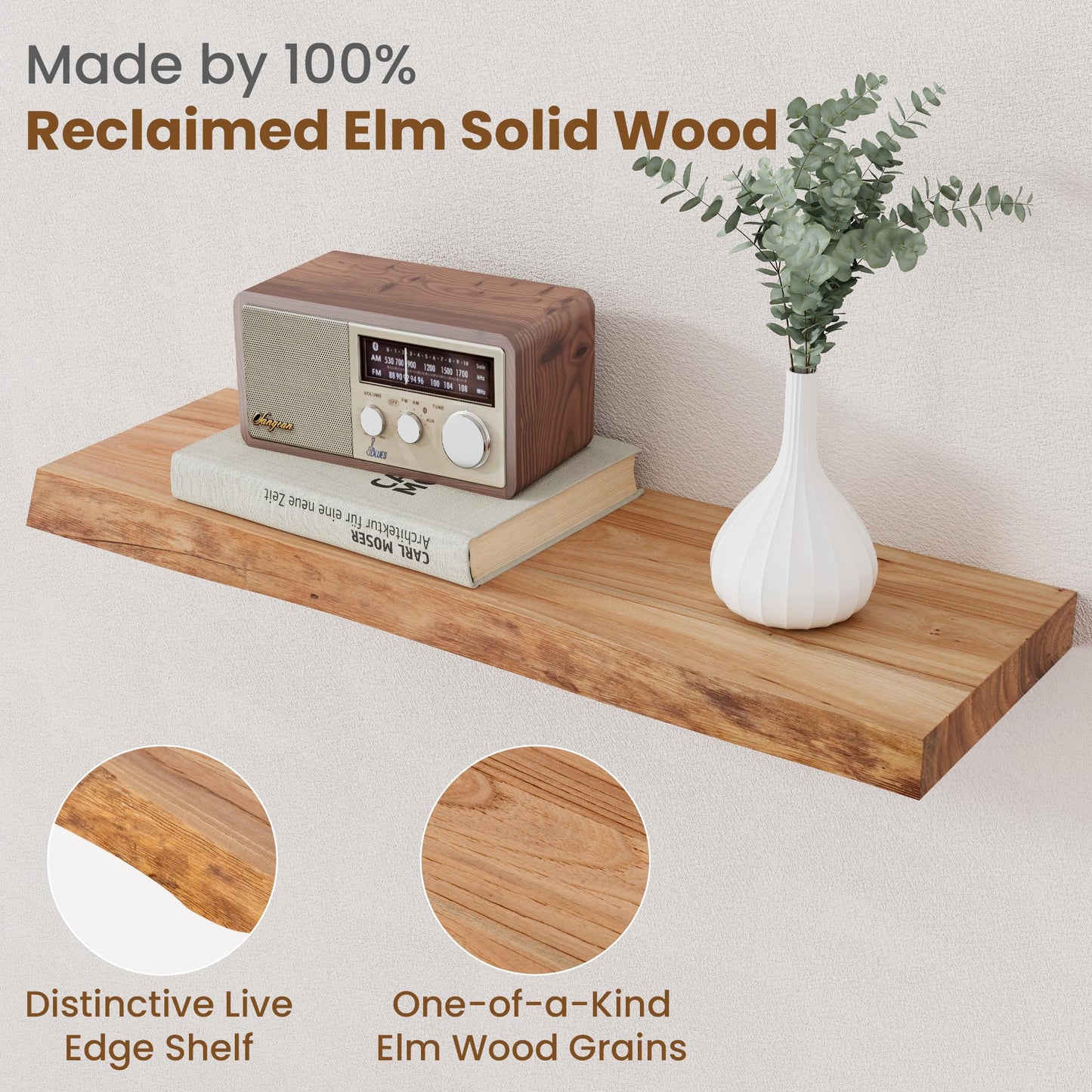 Floating Shelves for Wall Decor, Rustic Solid Elm Wood Live Edge Floating Shelves Wall Mounted, Wall Shelves with Invisible Bracket for Living Room Bathroom Bedroom Kitchen, 24 Inch Set of 2, Natural