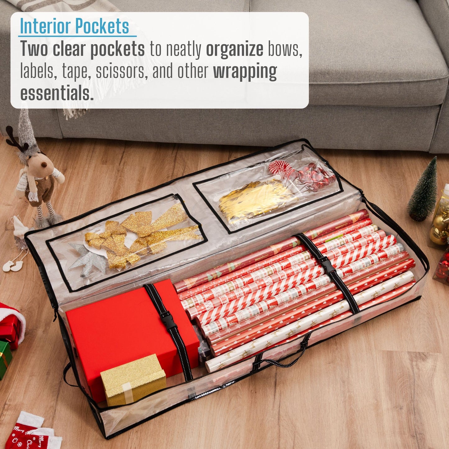 VENO 2 Pack Clear Wrapping Paper Organizer Storage Box for Christmas Gift Bags and Holiday Accessories, Underbed Storage Container with Interior Pockets, 40 Inches Long Fits 24 Rolls (2 Pack)