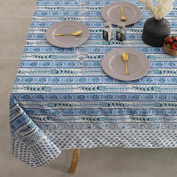 Labhanshi Blue Indian Handblock Print Floral Cotton Rectangle 72x135 Inch 10-Seater Dining Tablecloth|Fade-Resistant Spring Easter Picnic Outdoor Camping Festive Holiday Table Cover|Blue