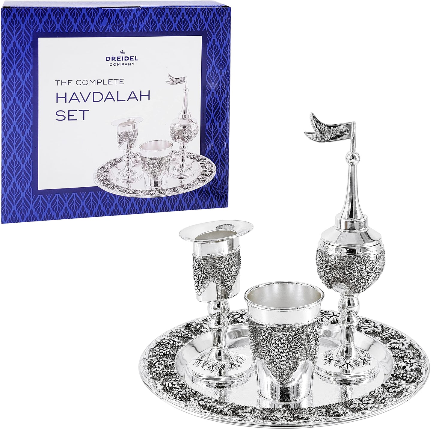 The Dreidel Company Havdalah Set, Grape Theme Wine Goblet, with Candle and Spice Incense Holders, Silver Plated
