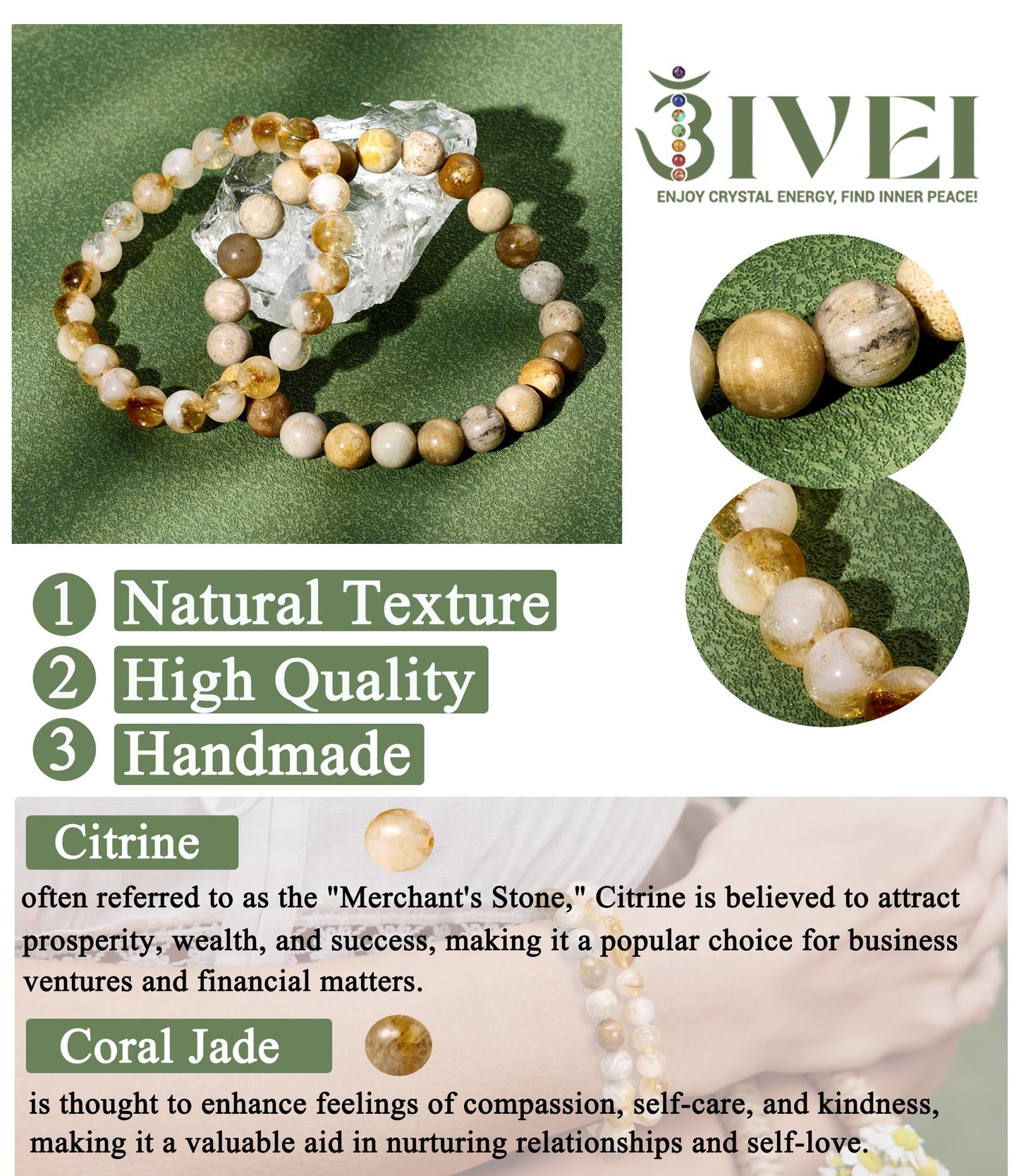 Bivei Natural Gemstone Semi Precious Crystals Handmade Stretchy Round Beads Bracelet, Enhance Positive Energy,Stocking Stuffers for Women(Citrine & Coral Jade (Wealth) Medium)