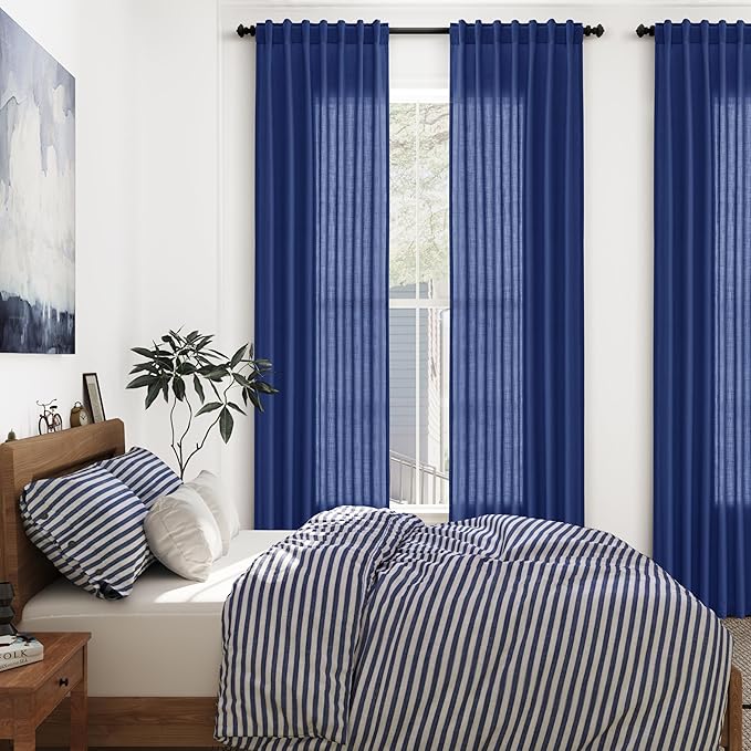 Nanspring Classic Blue Linen Curtains 108 Inches Long for Living Room Bedroom 2 Panels Set Extra Long Back Tab Curtain Light Filtering Sheer Drapes Floor to Ceiling Curtain for Large Windows 52x108