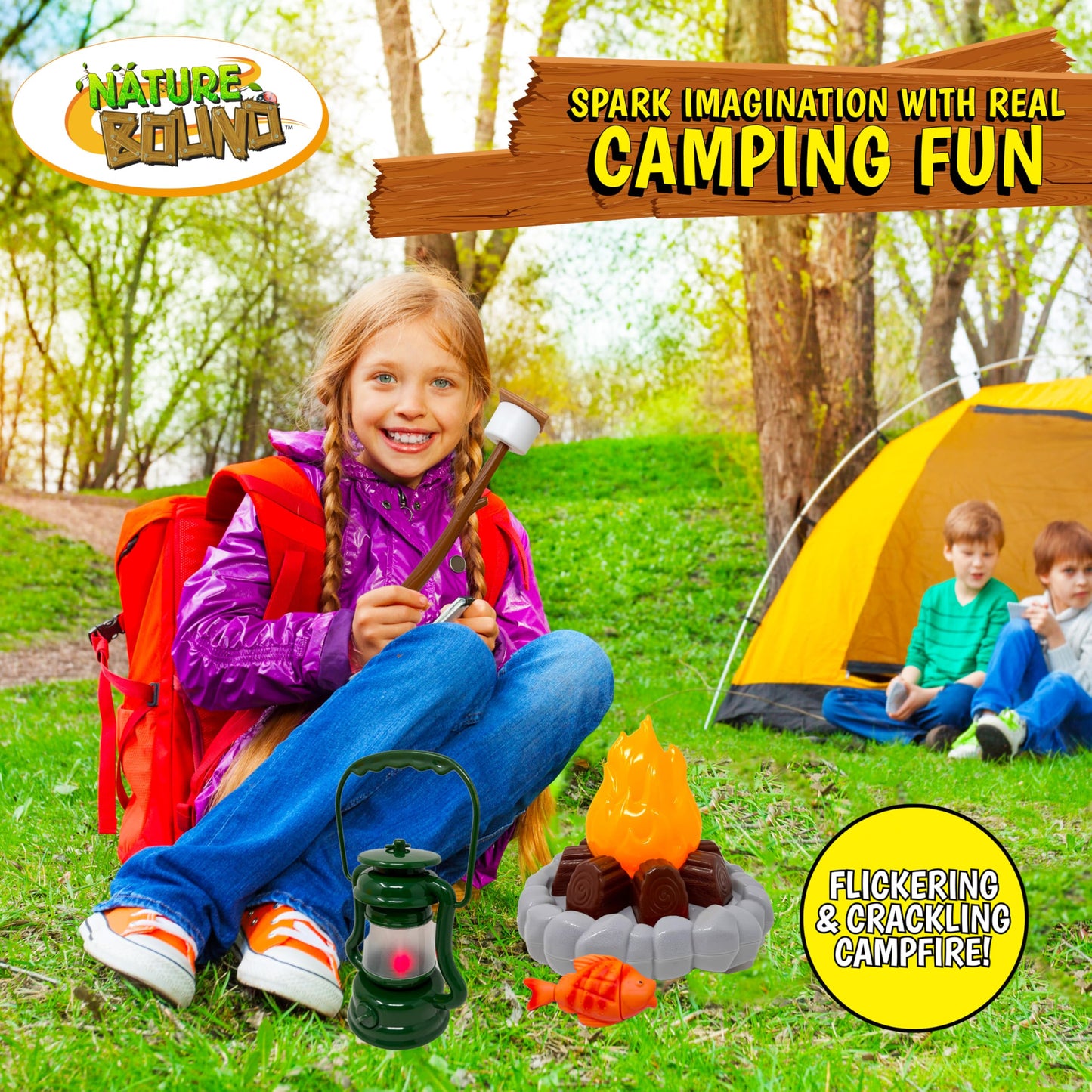 Nature Bound Kids Camping Playset - Light-Up Campfire Toy Set for Indoor and Outdoor Adventures - Pretend S’Mores, Lantern, and Camping Accessories (Gift Box)