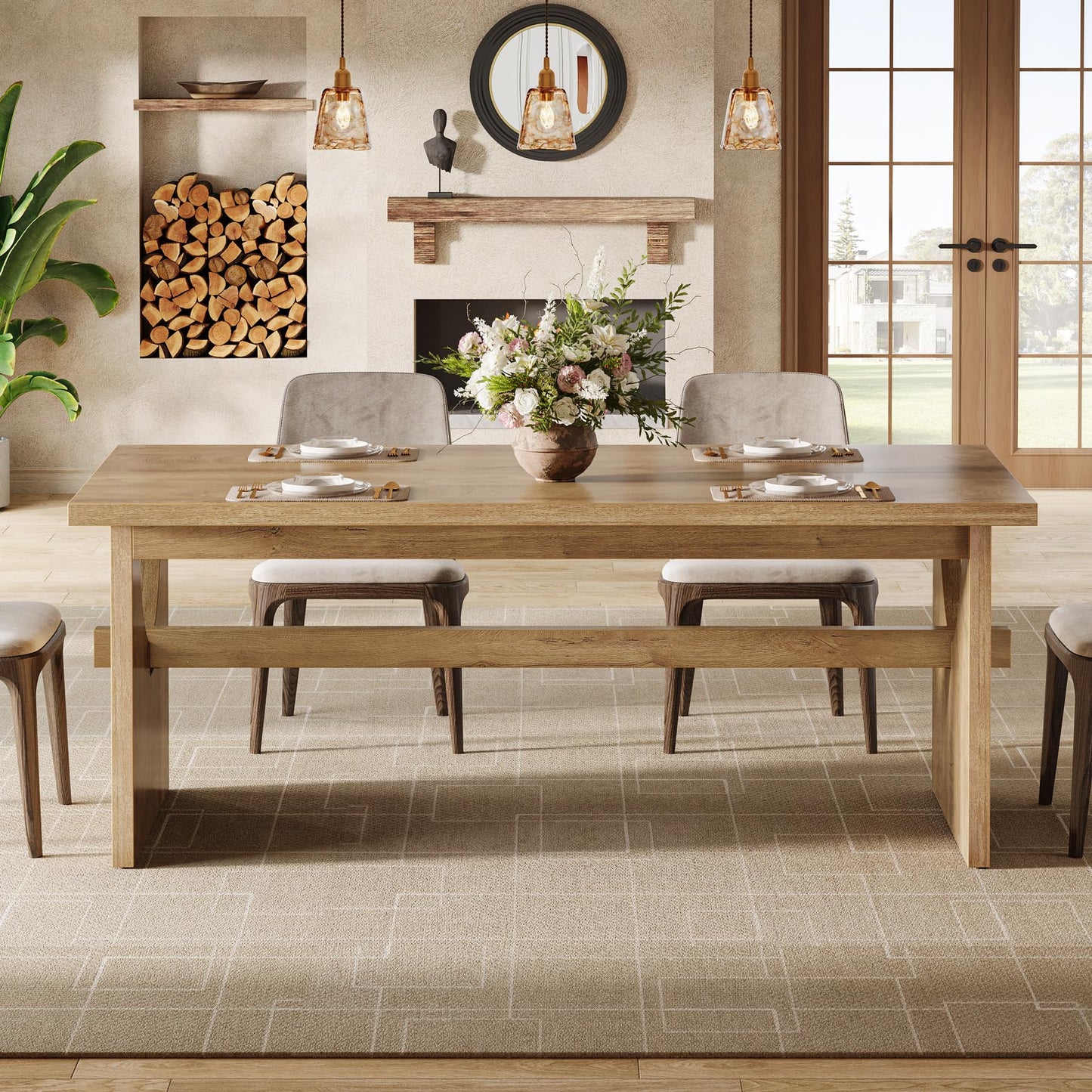 Tribesigns Farmhouse Dining Table for 4-6 People, 63" Large Rectangular Kitchen Dining Room Table with Heavy Duty Double Base for Kitchen Living Room, Rustic Brown