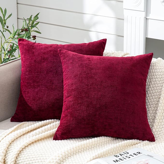 GAWAMAY Decorative Square Throw Pillow Covers 22"x22" Inch Set of 2, Super Soft Chenille Pillows Farmhouse Fall Pillowcase for Living Room Bedroom Sofa Couch Cushion Cover Burgundy Red 55x55cm