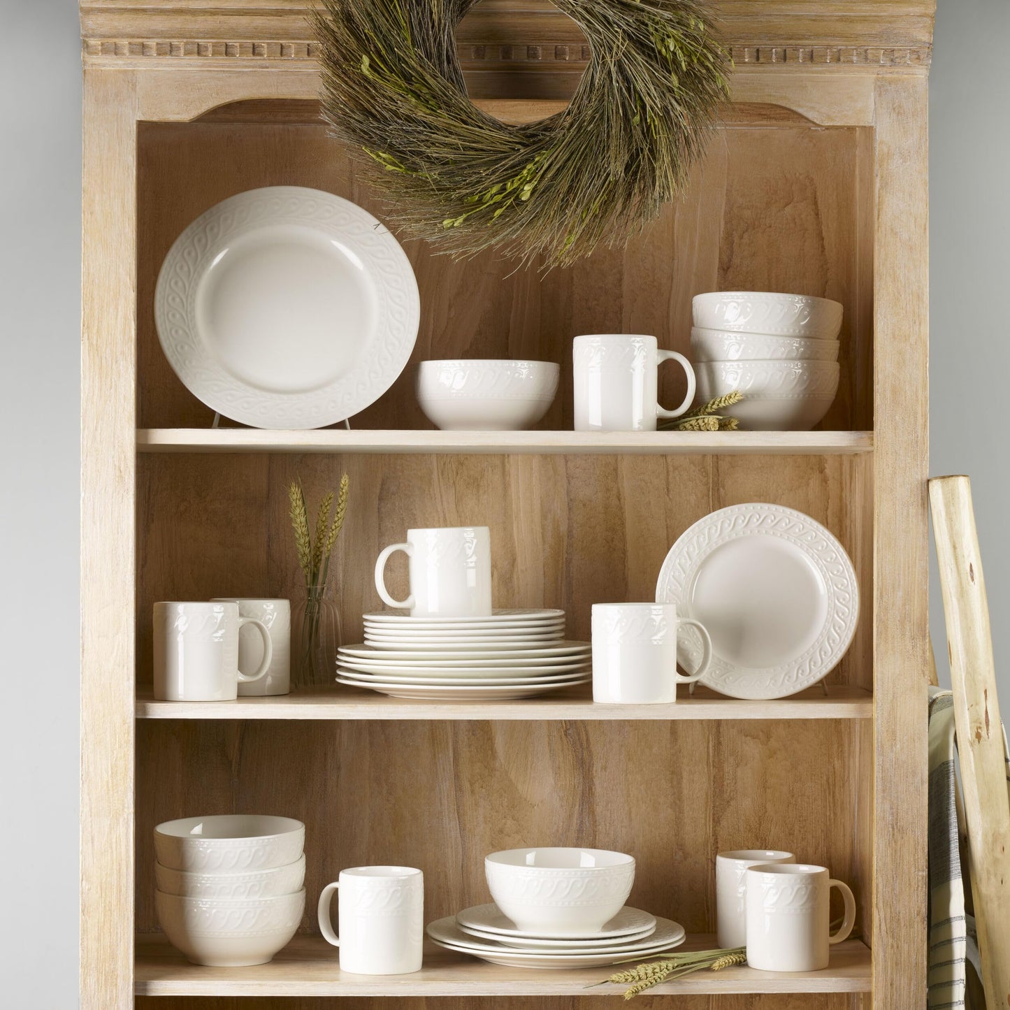 Pfaltzgraff Sylvia 32-Piece White Dinnerware Set, Service for 8, Durable Stoneware Plates, Bowls, and Mugs, Microwave and Dishwasher Safe