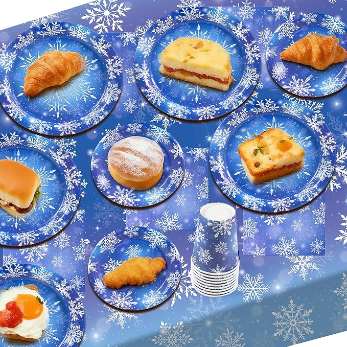 182 Pieces Frozen Birthday Party Supplies Serve 30,Blue and Purple Snowflake Winter Wonderland Disposable Tableware for Christmas Winter Holiday Decorations