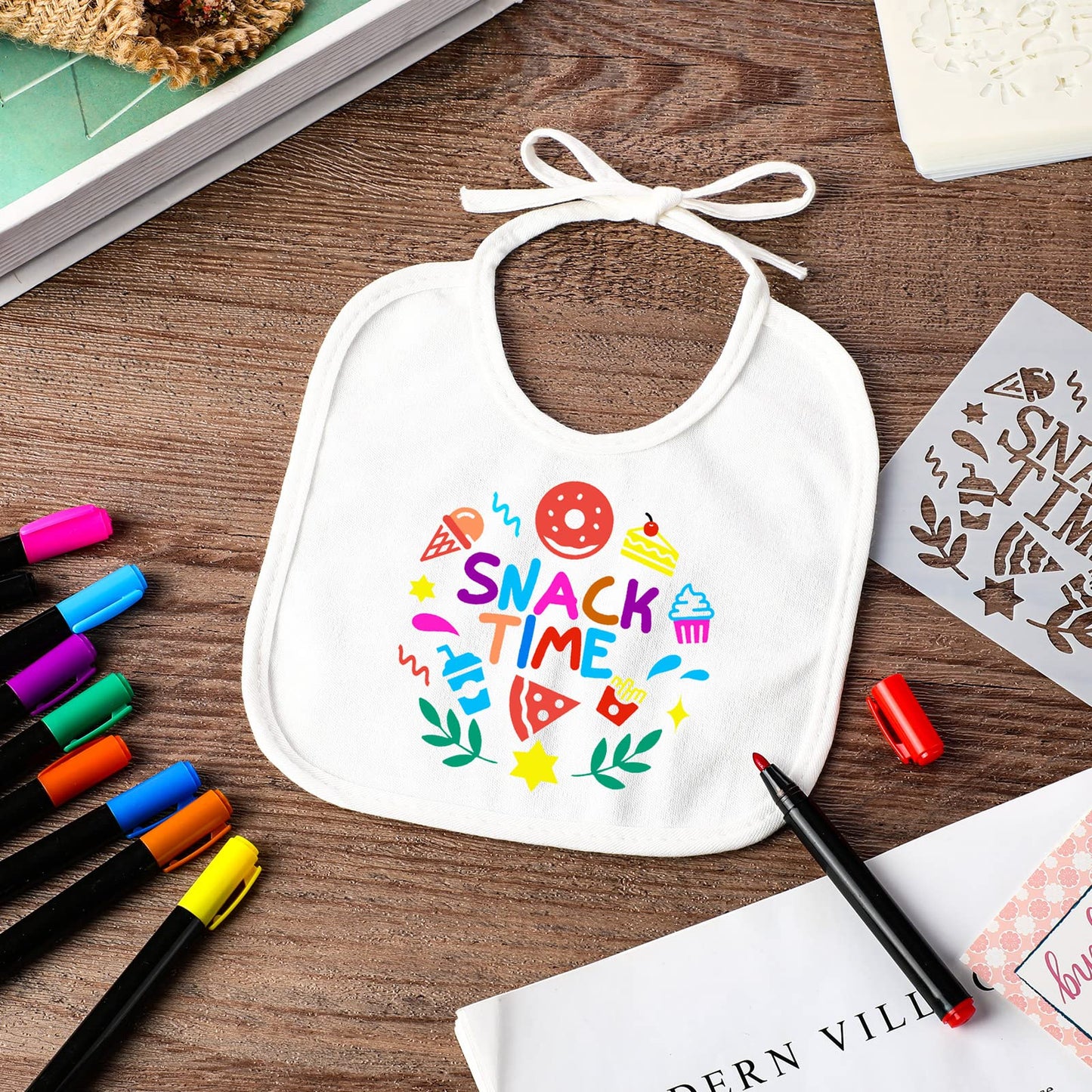 Jutom 38 Pcs DIY Baby Bibs Decorating Kit 14 Bibs 14 Stencils 10 Fabric Markers 2 Ply Feeder Design Bib for Shower Games(White)