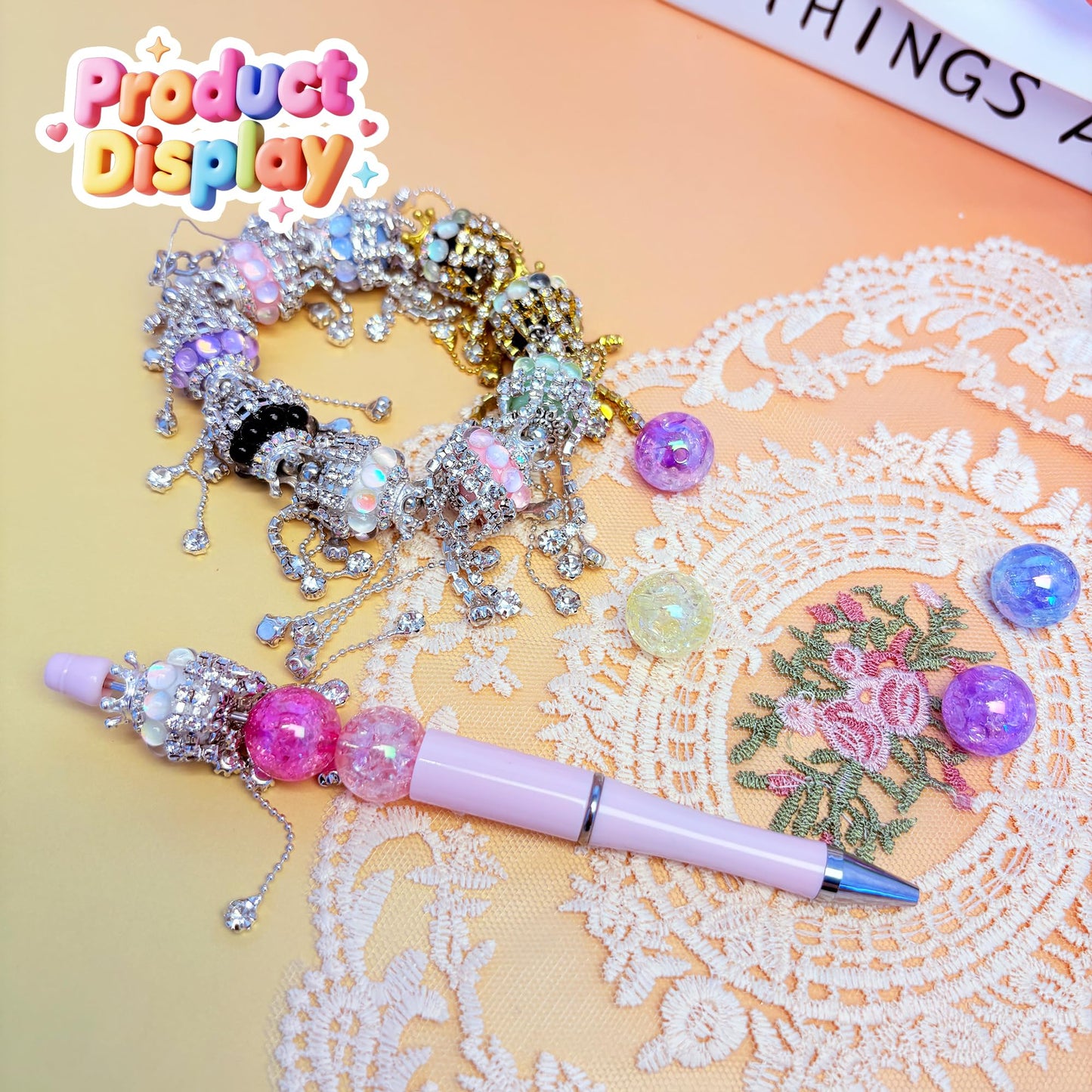 10pcs Rhinestone Focal Beads for Pens, Sparkling Crystal Crown-Shaped Designs with Tassels, Fancy Beads for DIY Jewelry Making Keychains Crafts Holiday Decorations