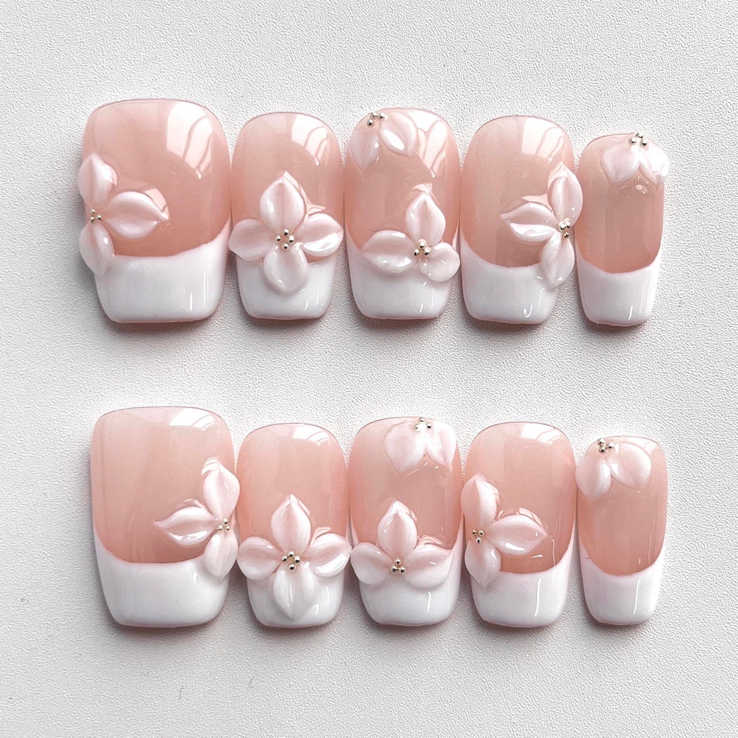 Handmade Press on Nails Short Coffin White French Tip Thick Acrylic Fake Nails 3D Floral False Nails with White Flower Embossed Designs Elegant Sturdy Nail Art Press on Nails 10Pcs(S)