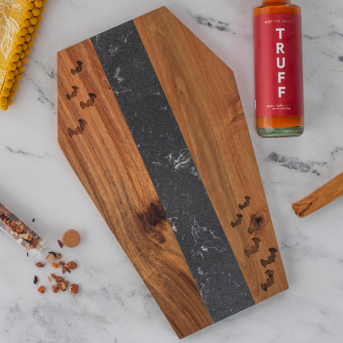 Halloween Coffin Shaped Charcuterie Board, Gothic Serving Tray Wood & Black Marble, Halloween Gifts for Women