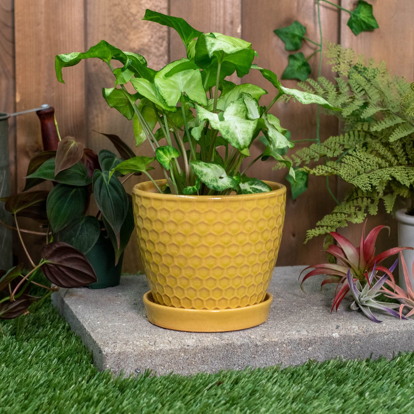 Napco Honeycomb Yellow 4.75 Inch Ceramic Flower Pot Planter with Saucer
