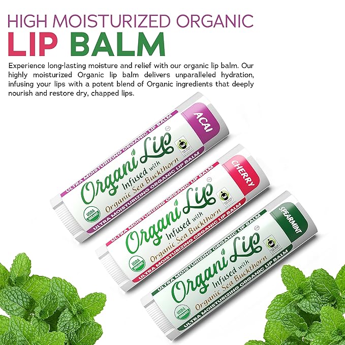 OrganiLip Organic Lip Balm, Variety3 Pack (Spearmint, Cherry, Acai), Ultra Hydrating Lip Moisturizer for Dry Lips, USDA Certified Organic,