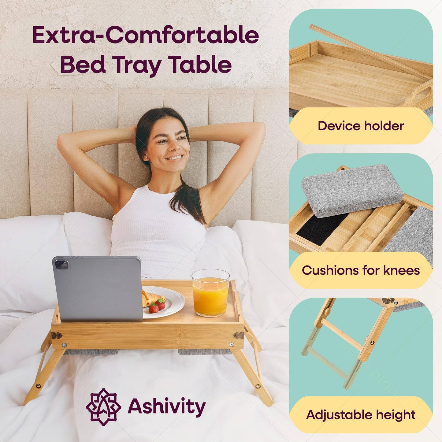 Breakfast in Bed Tray Lap Desk | Ergonomic Bamboo Bed Table Tray for Work, Rest | Comfortable Bed Desk w/Foldable Legs, Phone Holder, Cushions, Anti-Spill Edges | Adjustable Laptop Table/Lap Tray
