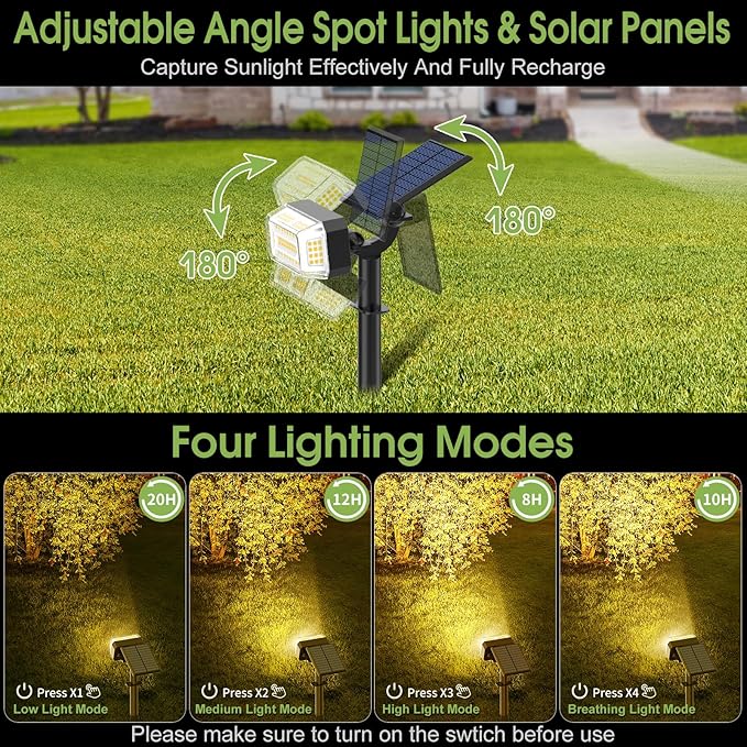 Solar Spot Lights Outdoor, 102 LED Solar Garden Yard Spotlight Waterproof Landscape Flood Powered Lights with Adjustable Light & Panel, 4 Lighting Modes for Pathway Driveway, 4 Pack(Warm White)