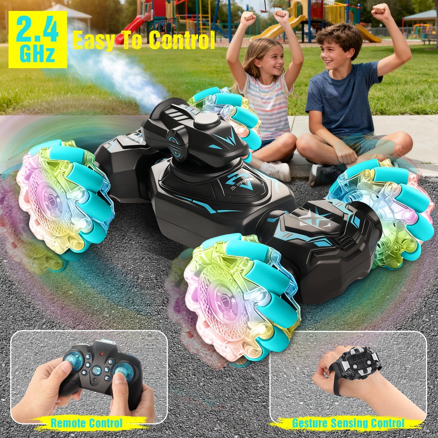 FDCTR Gesture Sensing Remote Control Car, RC Cars Toys for Boys Age 6-12, 4WD Hand Controlled Twist & Transform 360° Spins Stunt Car with Mist, Light & Music, 8-10 Year Old Boys Birthday Gift Blue