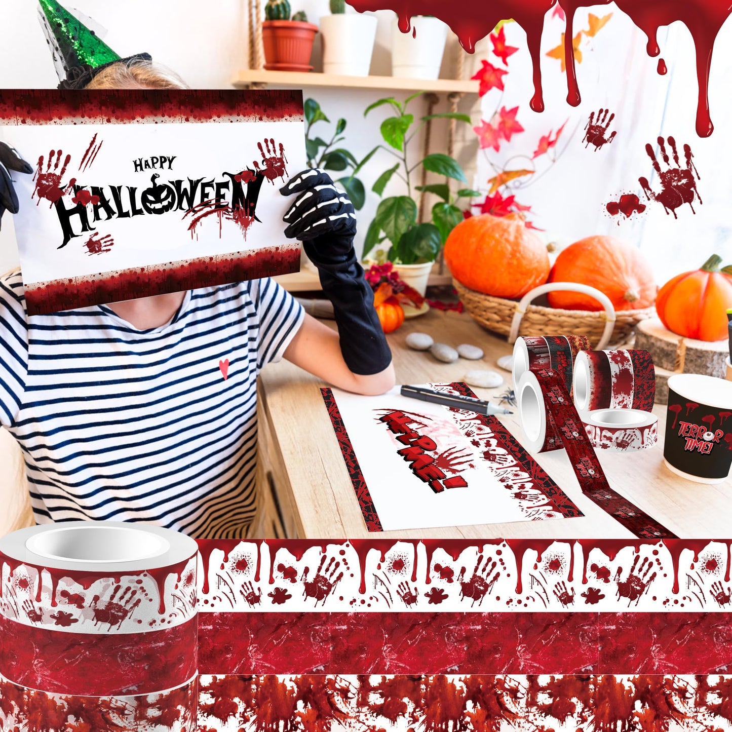 GLKTOPO 12 Rolls Halloween Washi Tape Bloody Pattern Spooky Bloodstain Skull Masking Tapes for Theme Scrapbook Journal DIY Decorative Craft Gift Wrapping - 12 Style - 16.4Ft
