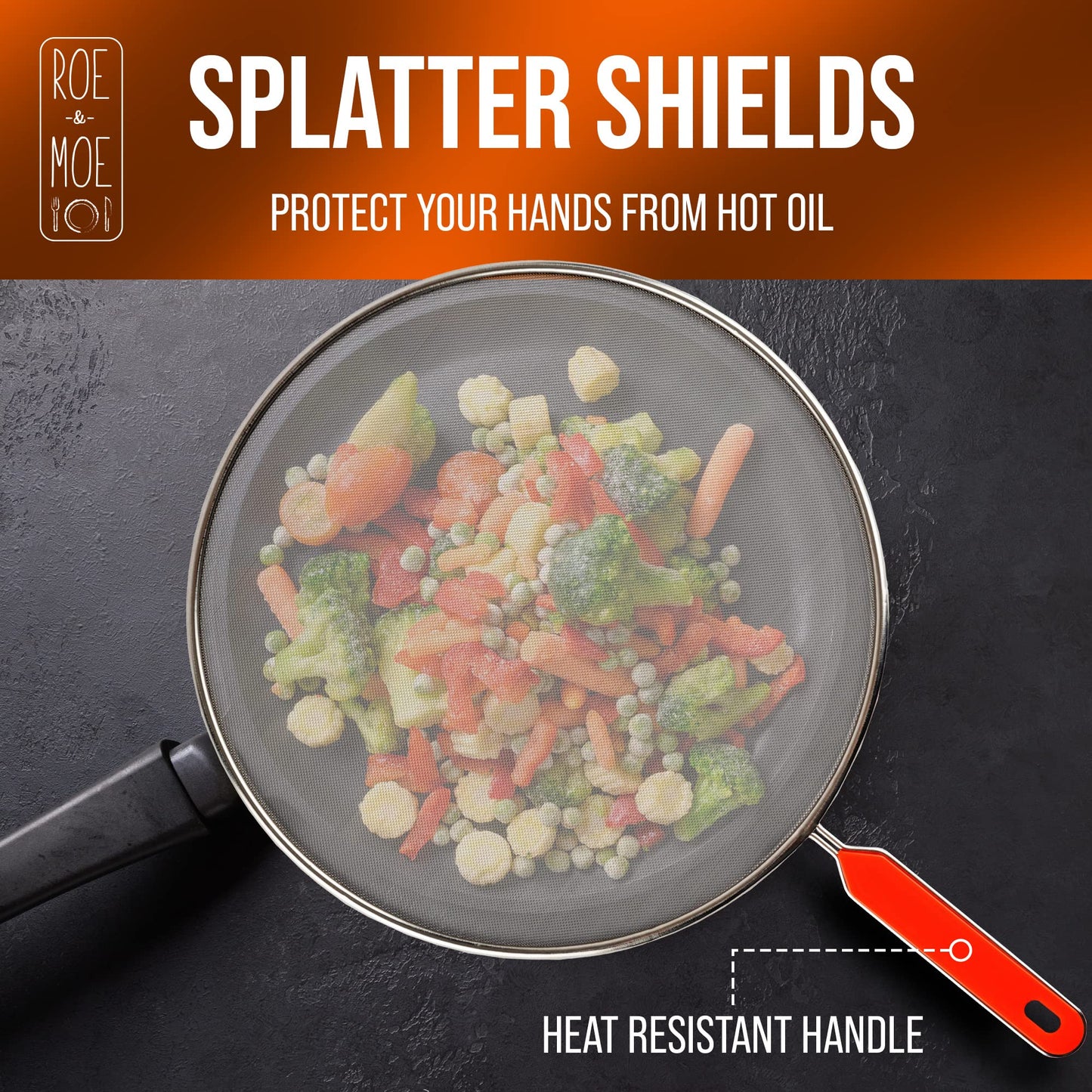 Roe & Moe Splatter Screens - Stainless Steel Splatter Screens for Frying Pan with Insulated Handles - Grease Splatter Guards For Frying Pan that Lets You Create Masterpieces with Ease (Pack of 3)