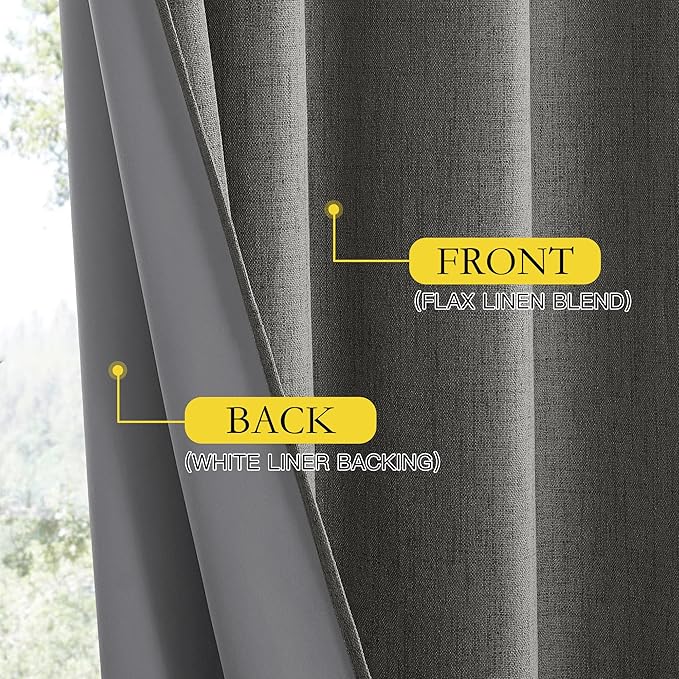 NICETOWN Grizzle Gray Vintage Linen 100% Blackout Curtains for Living Room, Thermal Insulated Curtains 90" Long, Noise Reducing Window Treatment Drapes for Hall Room, 42" Wide Per Panel, Set of 2