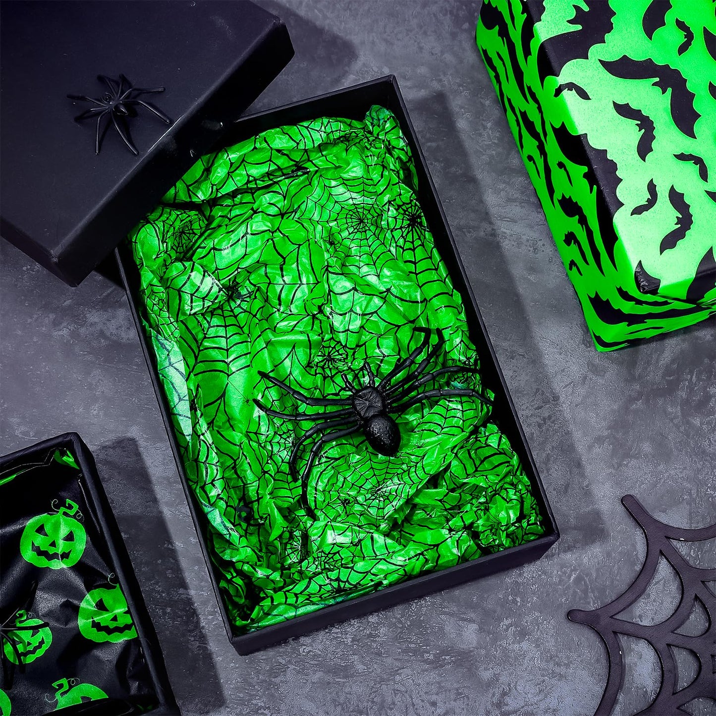 Whaline 90 Sheet Halloween Black Green Tissue Paper Pumpkin Cobweb Bat Wrap Tissue Paper 13.8 x 19.7 Inch Scary Black Green Decorative Gift Wrapping Paper for Halloween Party Craft Gift Packing