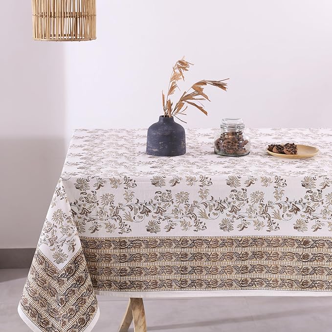 Labhanshi Indian Handblock Print Pre-Washed Cotton Floral Table Cloth|Reusable Rectangle 72x108 Inch 8-Seater Dining Tablecloth|Spring Easter Festive Decorative Table Cover|Beige Brown