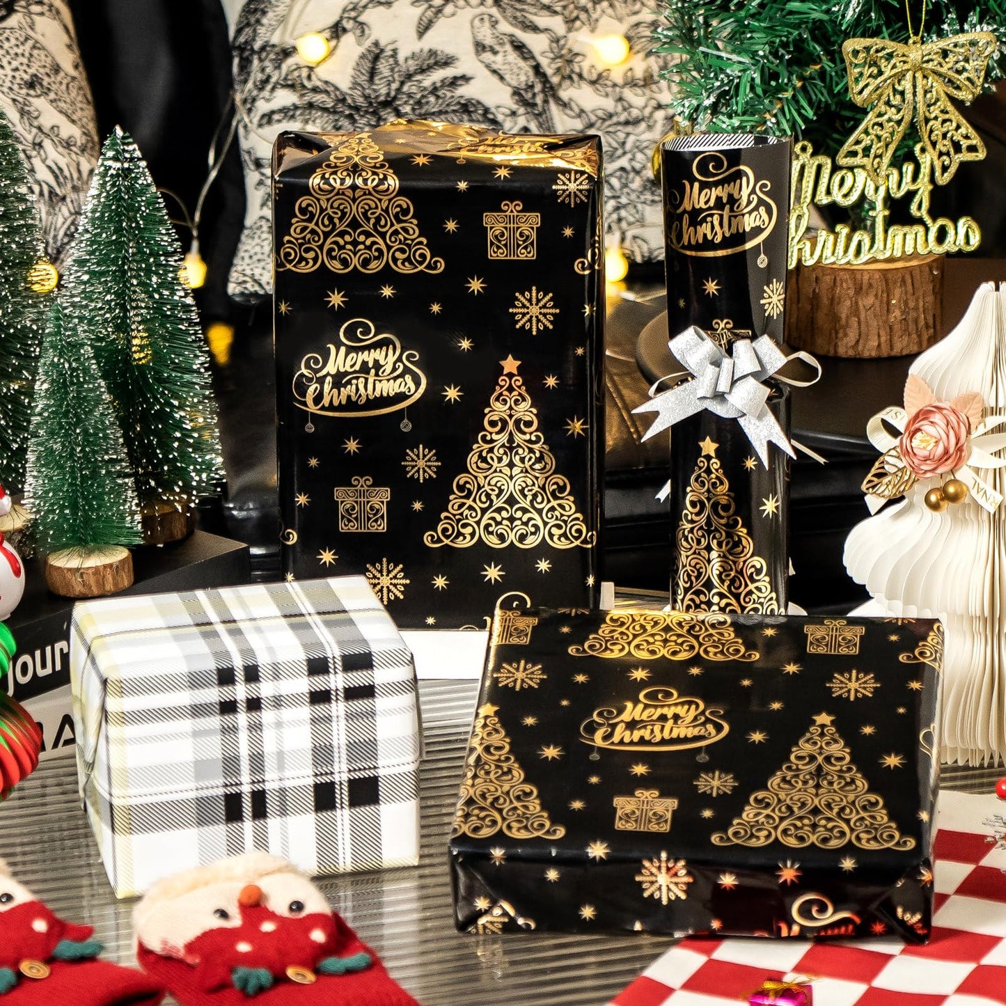 EWES Black Christmas Wrapping Paper Rolls Set, Cute Princess Kids Thick Aesthetic Elegant Girls Girly Heavy Duty Gift Wrap Sheets,Patterns with Christmas Tree,Reversible,Total 48.6sq.ft