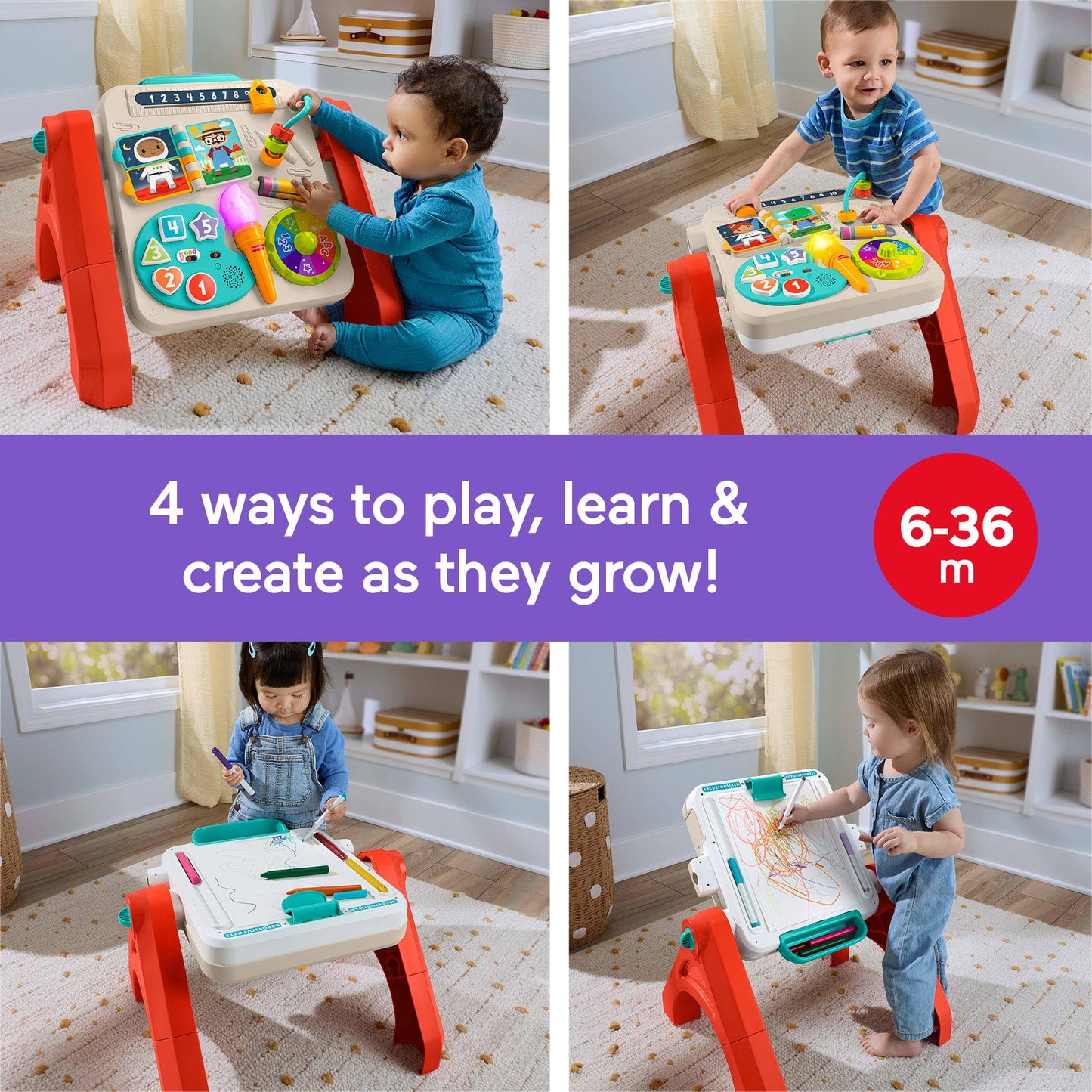 Fisher-Price Baby & Toddler Toy Laugh & Learn 4-in-1 Activity Table & Art Easel with Educational Music & Lights for Kids Ages 6+ Months