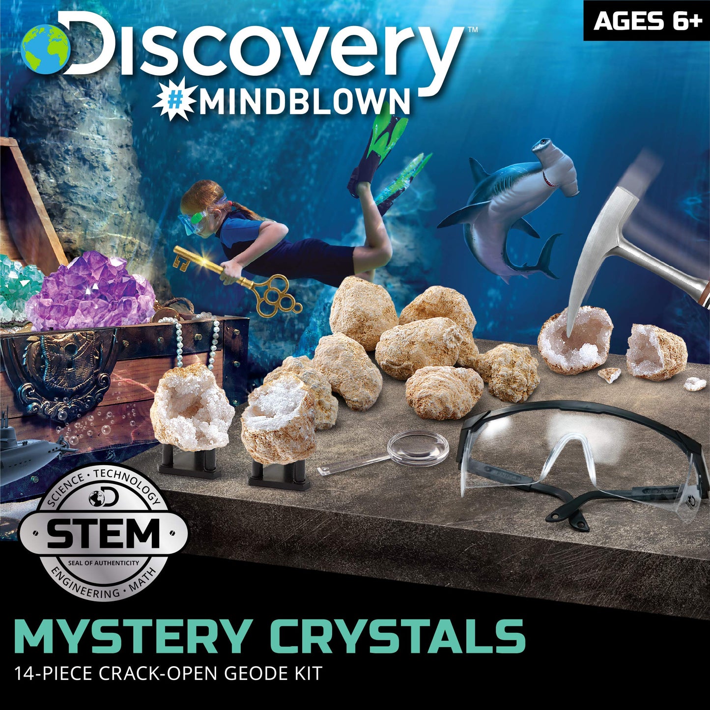 Discovery™ Crack-Open Geode Kit – Mystery Crystal STEM Science Set | 10 Natural Quartz Geodes | Kids Goggles, Magnifying Glass & Display Stands | Rock Dig Activity Toy| Educational Experiment Gift