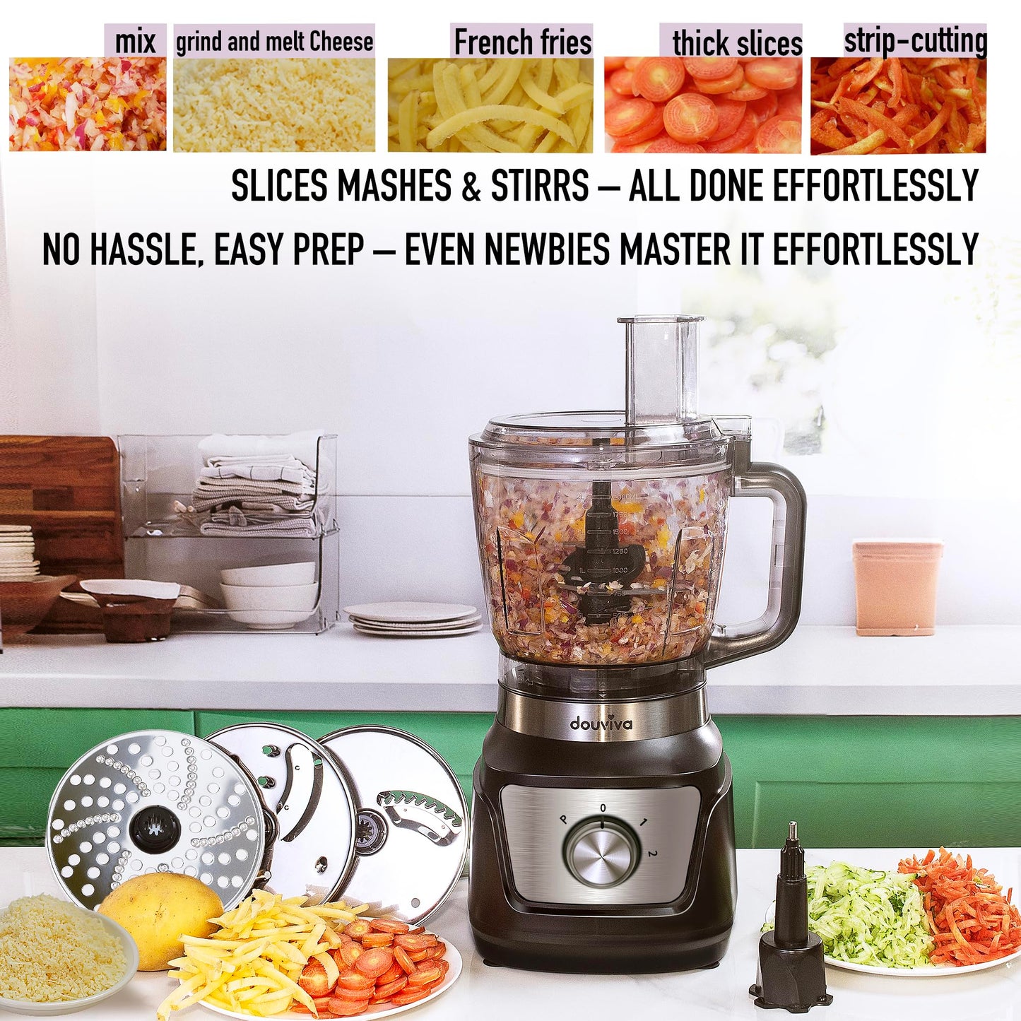 All In One Food Processor Blender Bombo 1000W,8 Cup Food Processor,24oz To-Go Lid Cup, for Smoothies/Shakes/Mixing/Shredding/Slicing/Chopping/Dough/Grinder, Black