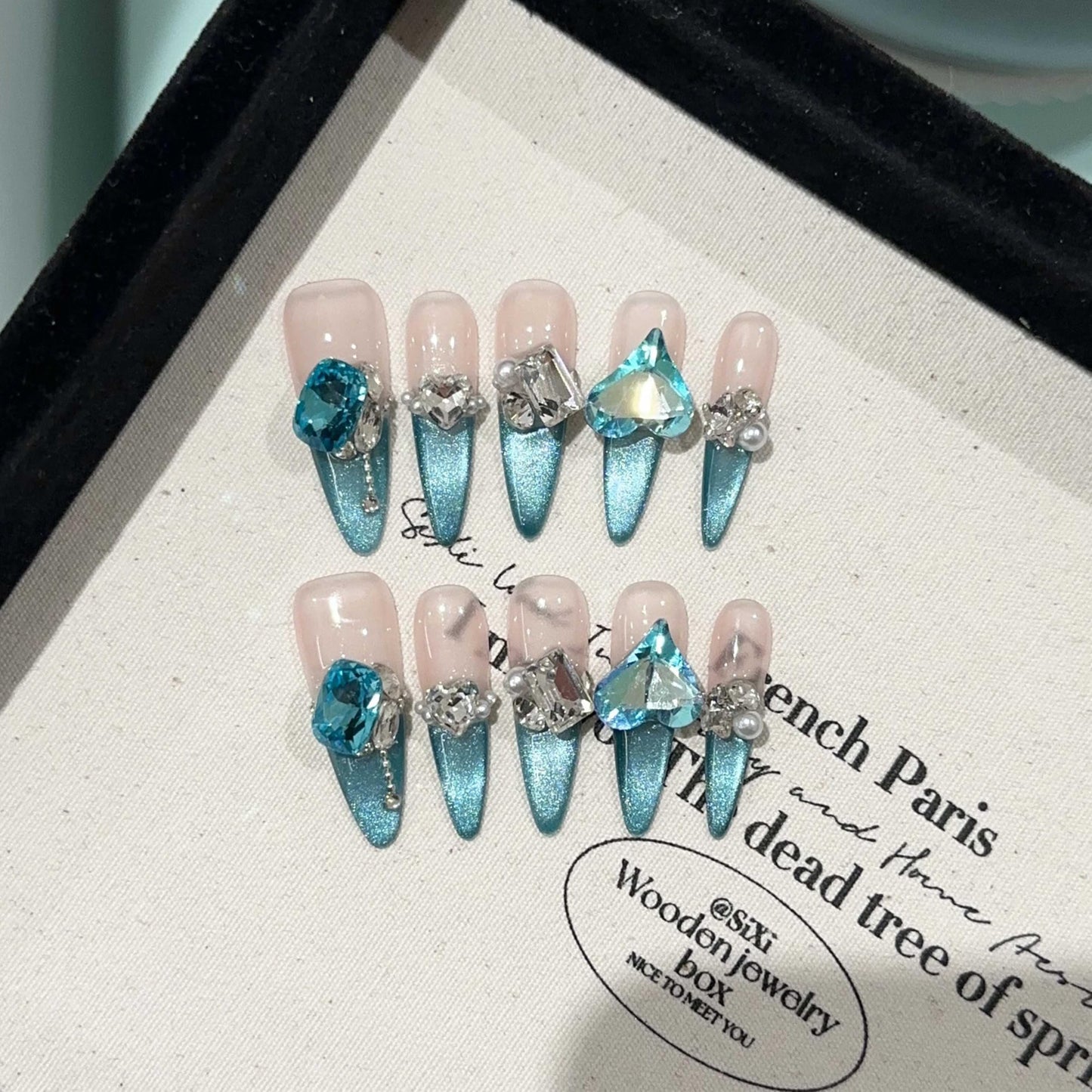 GLORS Luxury Long Stiletto Press-On Nails, Turquoise Blue Stiletto with 3D Crystals and Pearls, Handmade False Nail 10 Pieces (Small, LS)