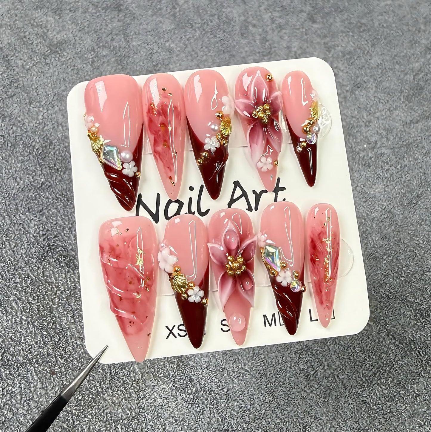 Handmade Press On Nails Almond Long Homemade Press On Nails French Tip With 3D Design Fake Nail Art For Women S