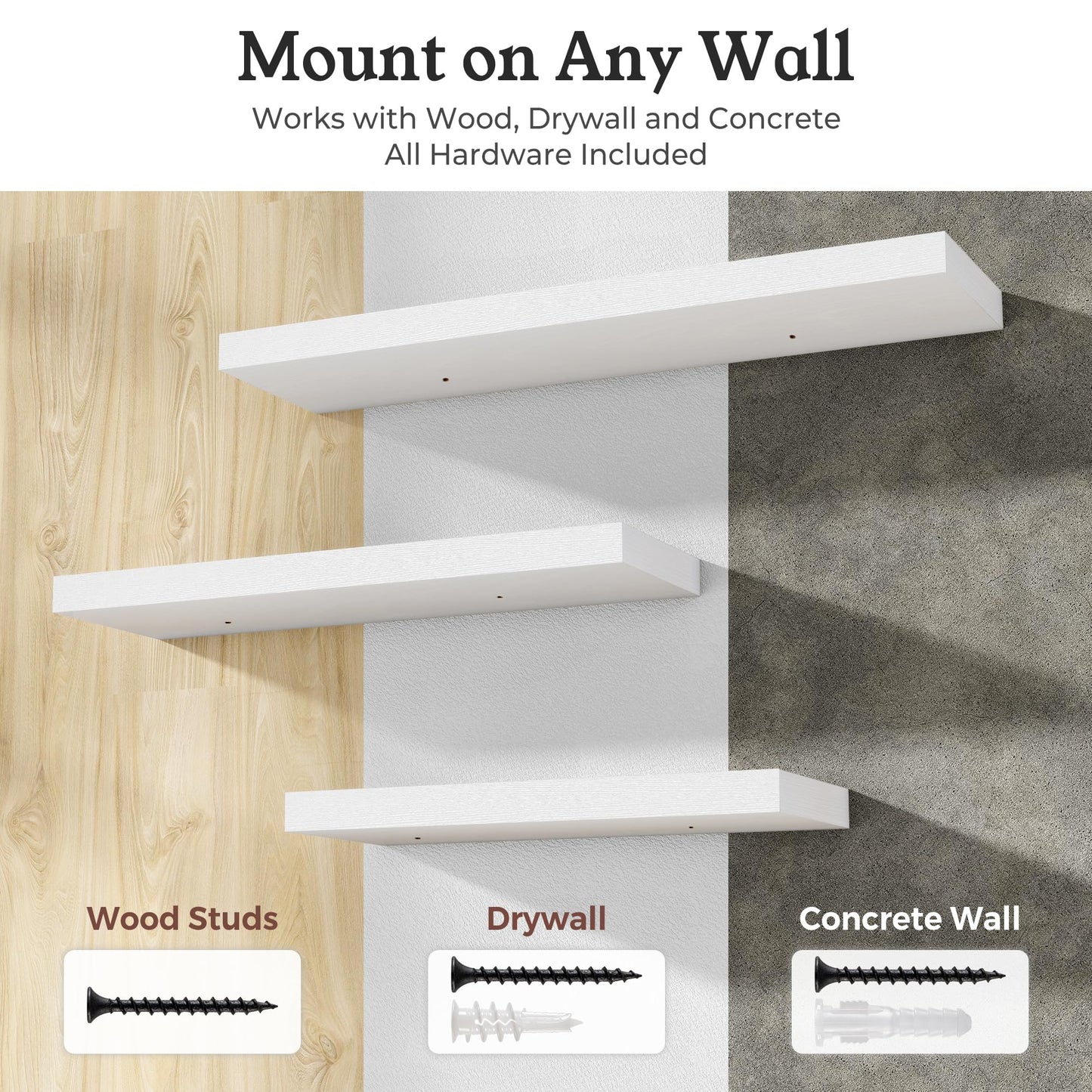 Ornawit White Floating Shelves for Wall, 9.3" Deep Wall Mounted Wood Shelves for Bathroom, Bedroom, Living Room, Kitchen, Hanging Shelf for Books/Storage/Room Decor (White, 24")