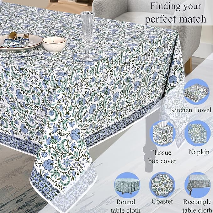 Ridhi Hand Block Print Columbia Blue Rectangle Cotton Tablecloth 160" x 72" Reusable Table Cover Decorative Everyday Use for Dining, Farmhouse, Home Gift for Spring, Easter, Valentine