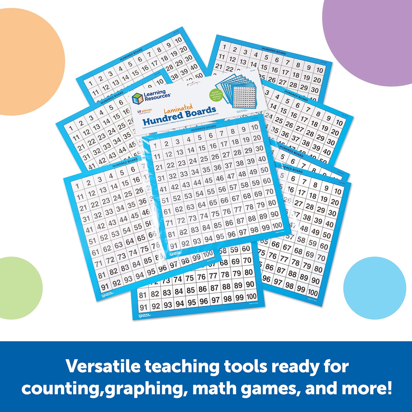 Learning Resources Laminated Hundred Boards - 10 Pieces Dry-Erase Counting Aid, Teaching Supplies, Math Boards for Kids