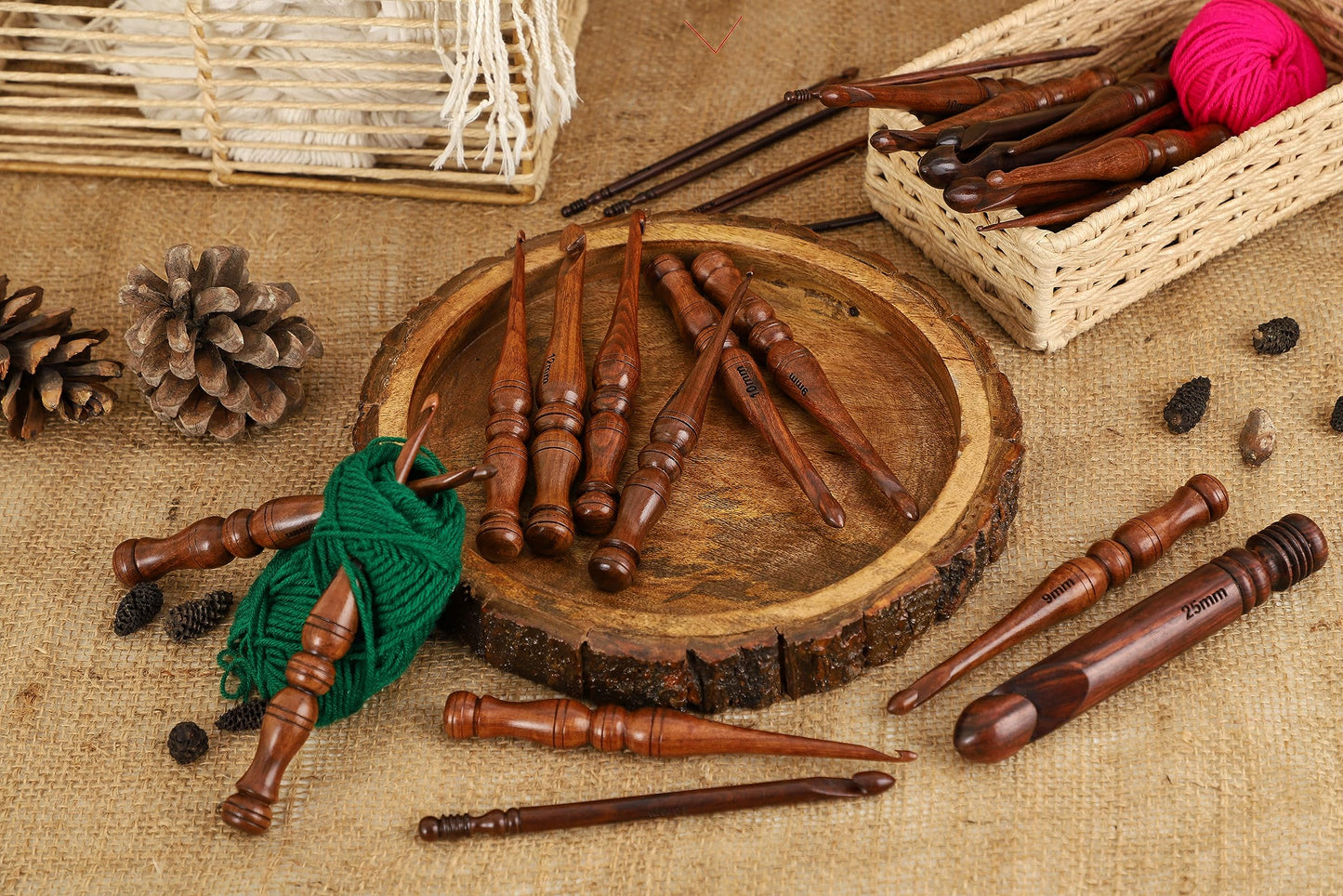 Bhartiya Handicrafts Wooden Crochet Hooks Set, 12pcs Ergonomic Knitting Needles - Rosewood, 3.5mm(E) to 12mm(P) - Includes Holder