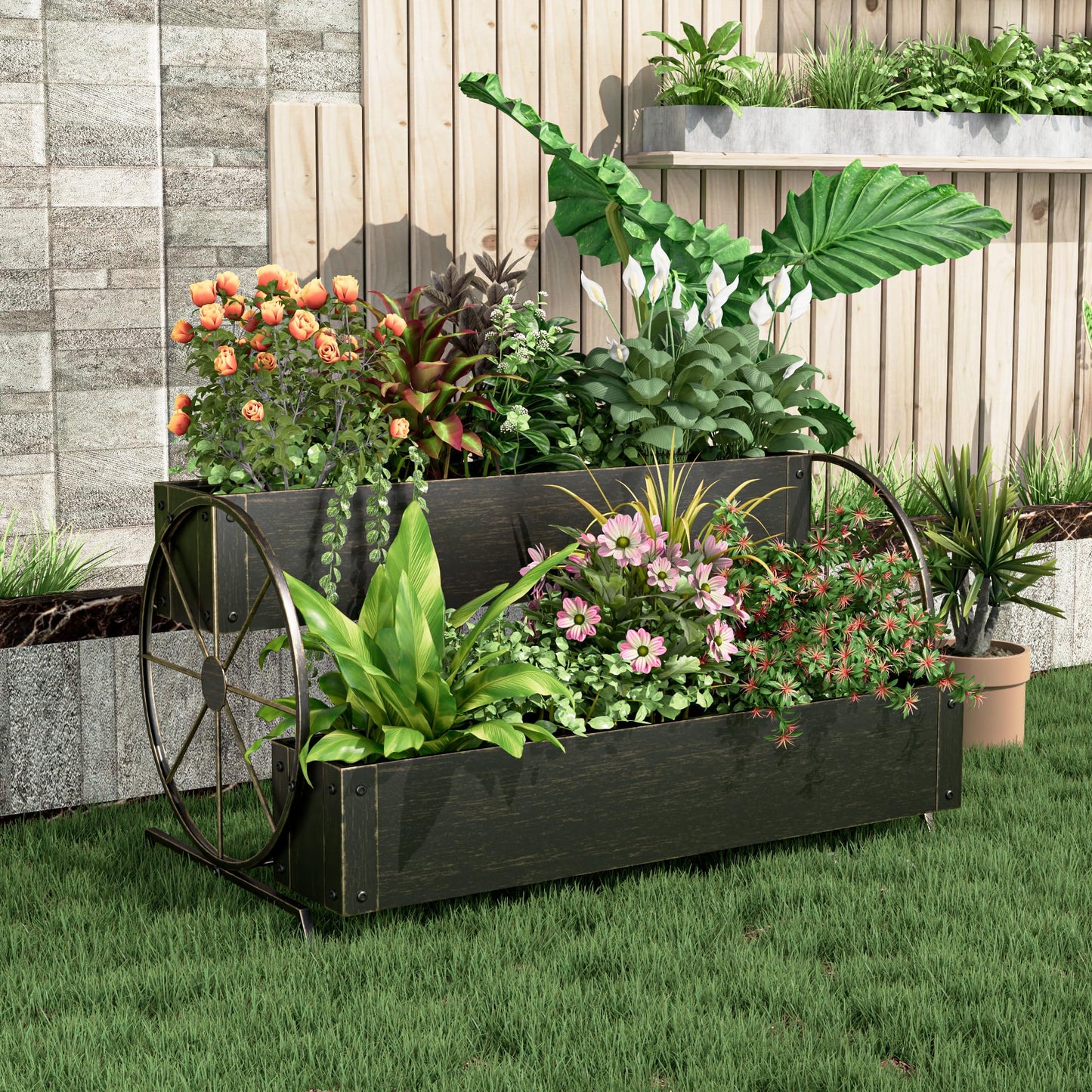 Athuiline Metal Wagon Planter Box, 2-Tier Outdoor Planter Raised Garden Beds with Wheels, Decorative Planter Boxes for Flowers Herbs Vegetables, Small Flower Cart for Patio, Balcony (Retro Gold)