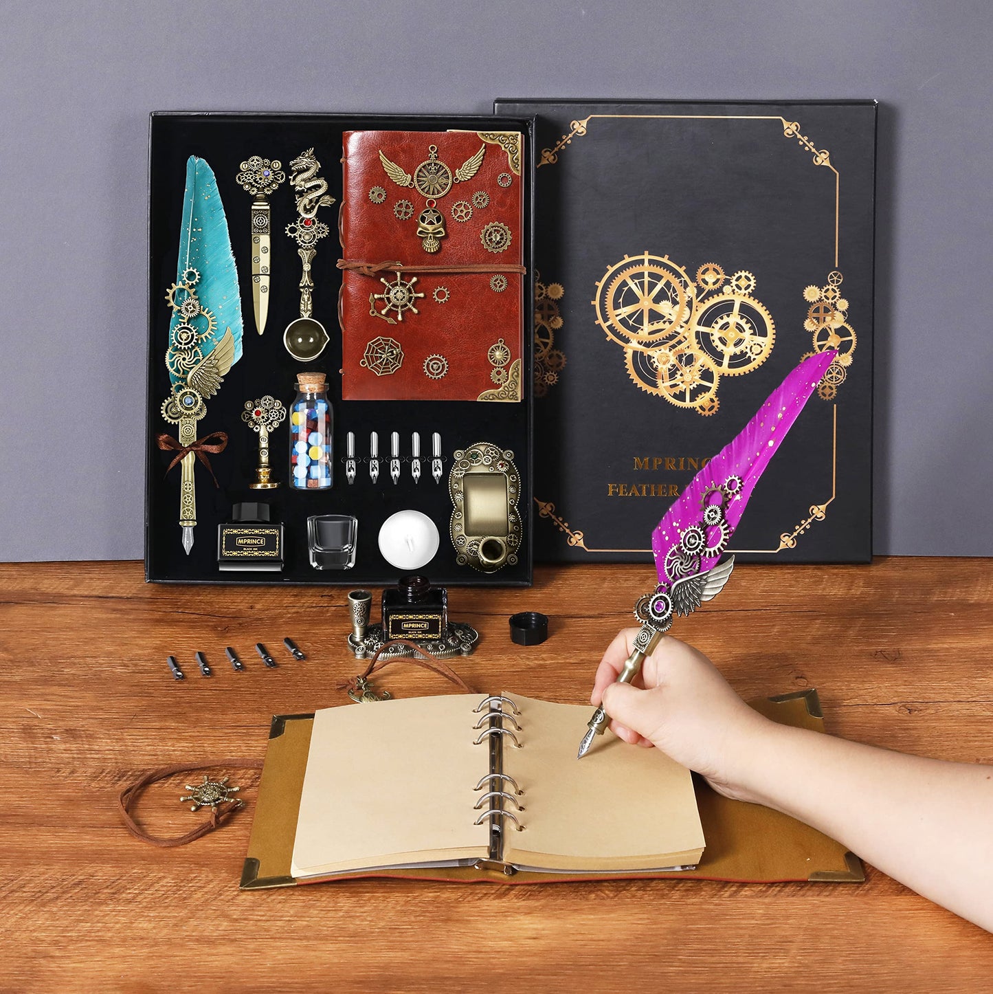Aifeiter Quill Pen and Ink Set With Quill and 5 Replaceable Nibs,Seal Stamp,Spoon,Wax Beads,White Wax,Pen Holder, Cup,Envelope,Letter Paper,Envelope Tool(green)