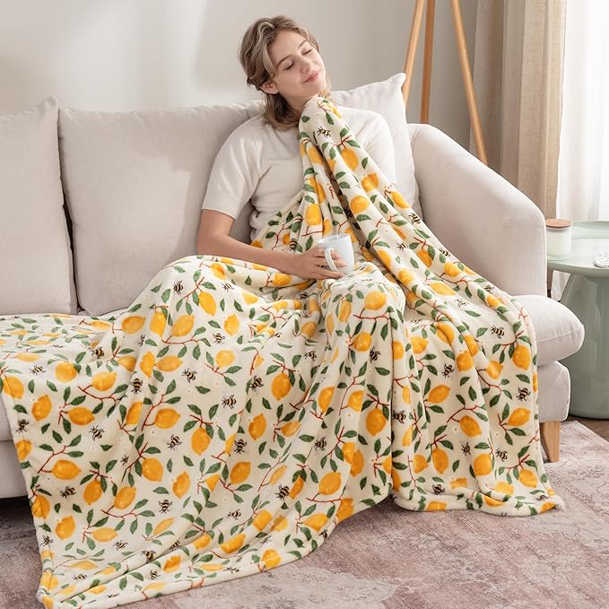 Berkshire Blanket-Classic Heavyweight Soft Printed VelvetLoft® Plush Throw Blanket, Cozy and Fuzzy, Lemons and Bees Yellow, 50in x 70in