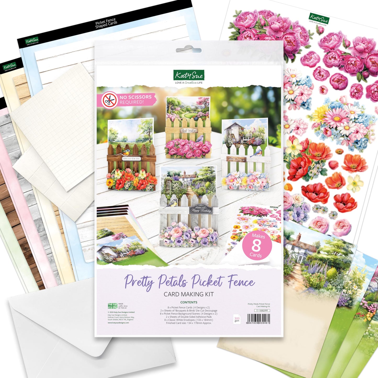 Katy Sue Pretty Petals Picket Fence Card Making Kit. Contains 8 Shaped Cards, 2 Sheets of Die Cut Decoupage, Foam Pads, 8 Envelopes & Instructions. for Card Making Supplies & Card Crafting