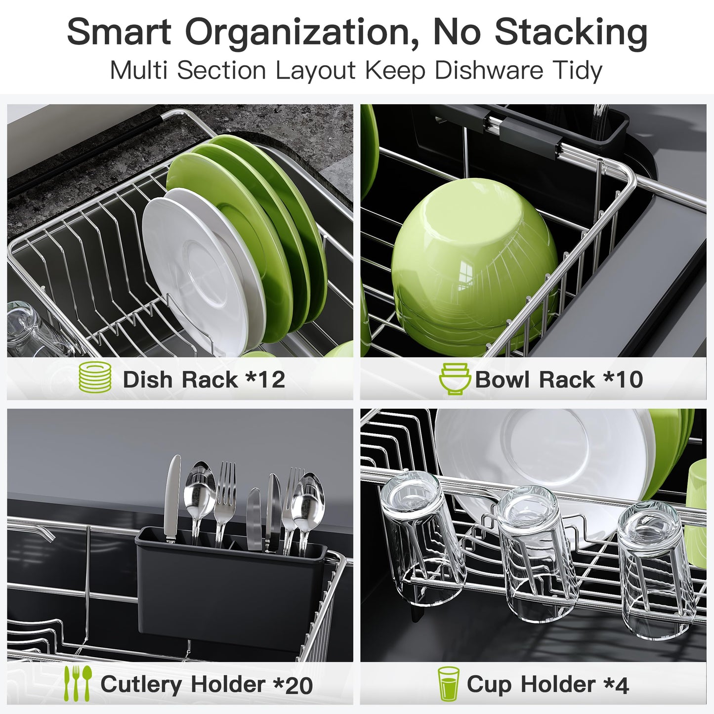 JASIWAY Dish Drying Rack in Sink, Expandable Stainless Steel Dish Drainers for Kitchen Counter, Dish Dryer Rack for Inside Sink, Over The Sink Dish Racks with Utensil Holder, Silver