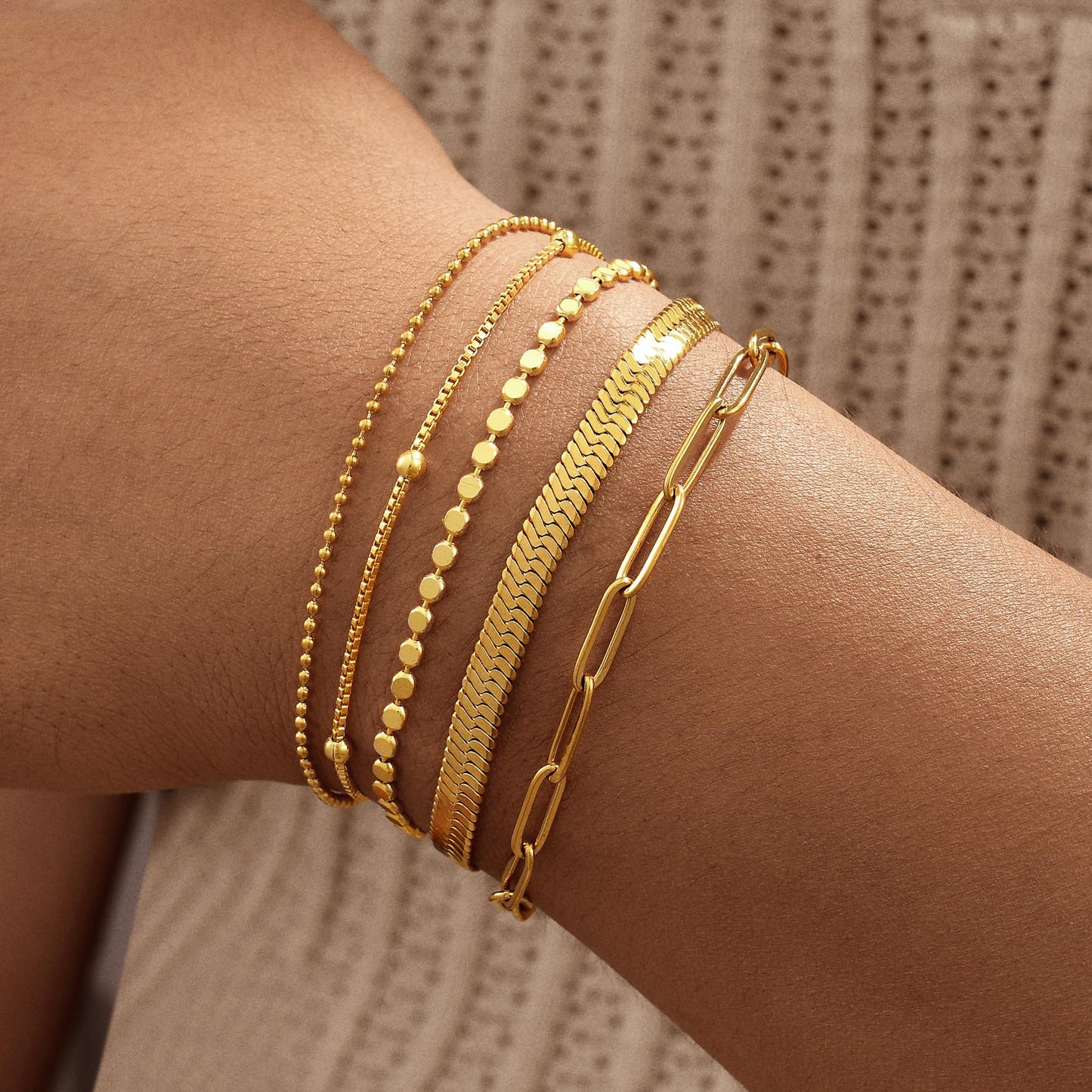 Striviio Gold Bracelets for Women, 14K Gold Plated Stackable Bracelet Stack Set Adjustable Charm Paperclip Chain Snake Link Layered Waterproof Jewelry Sets Gifts