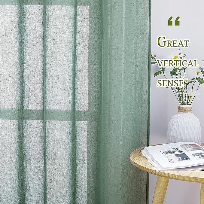 NICETOWN Olive Green Curtains Linen Sheer Texture for Living Room, Grommet Semi Sheer Linen Blend Vertical Drapes Privacy with Light Filter for Garden/Living Room, W52 x L90, 2 Panels