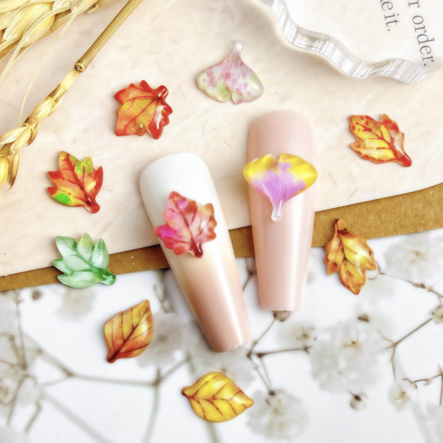 100 Pcs Fall Nail Art Charms Multi Shape Resin Maple Leaves Nail Charms 3D Flat Back Autumn Maple Leaf Ginkgo Leaf Design Nail Art Rhinestones Jewelry for DIY Thanksgiving Nail Decoration