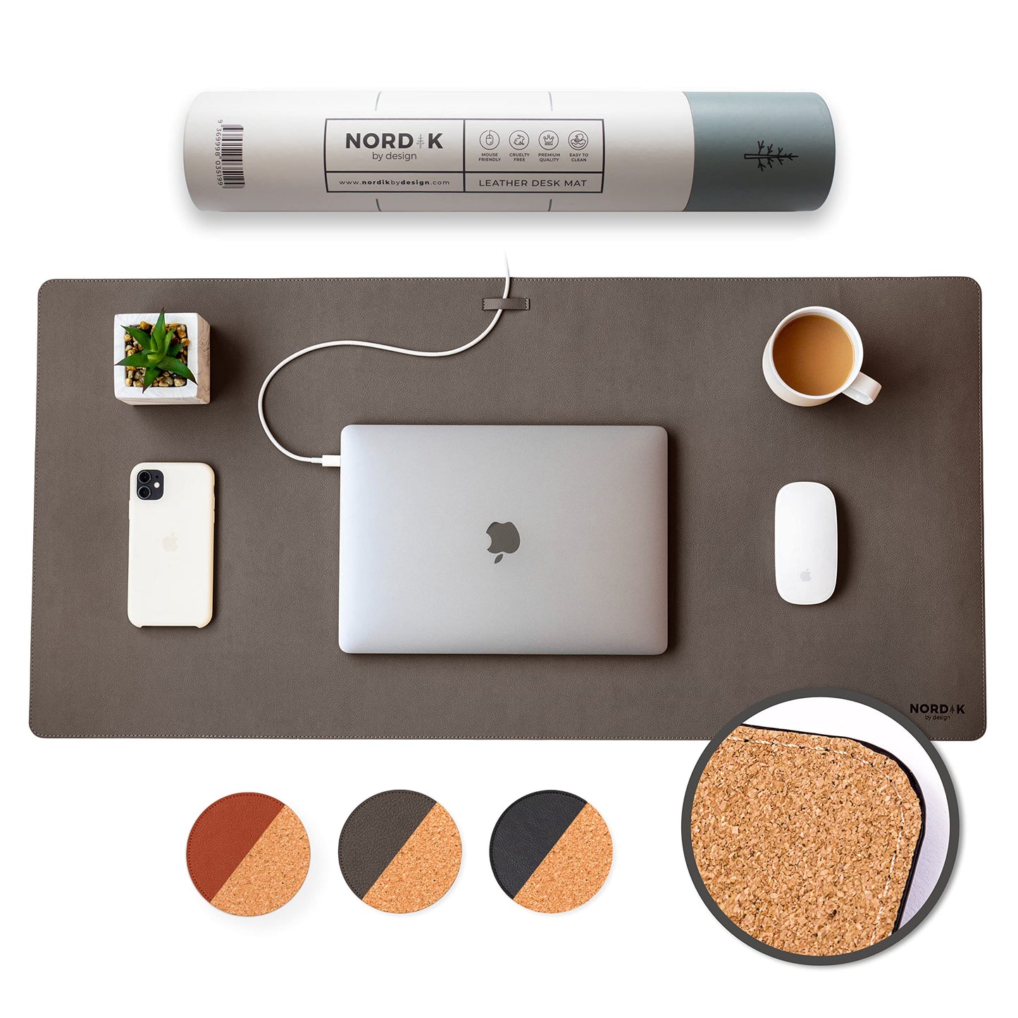 Nordik Cork Leather Desk Mat Cable Organizer - Gunmetal Grey 35 X 17 inch - Premium Extended Mouse Mat for Home Office Accessories - Non-Slip Vegan Leather Desk Pad Protector & Desk Blotter Pad