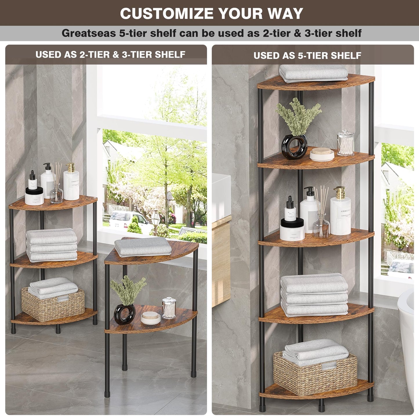 Greatseas Corner Plant Stand Shelf, 5 Tier Tall Shelf Plant Stand for Indoor Plants, Rustic Brown Corner Bookshelf Wall Decor Living Room, 44.1" Display Shelf for Bedroom, Bathroom, Small Space