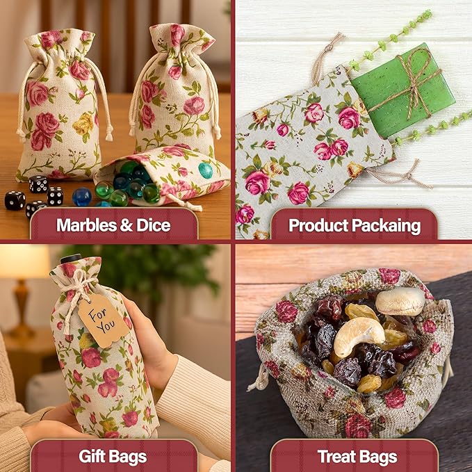 Mandala Crafts 14X20 Inch Rose Burlap Drawstring Gift Bags for Favors - 10 Large Floral Linen Sacks Gift Pouches for Candy, Coffee, Jewelry, Wedding, and Party Supplies