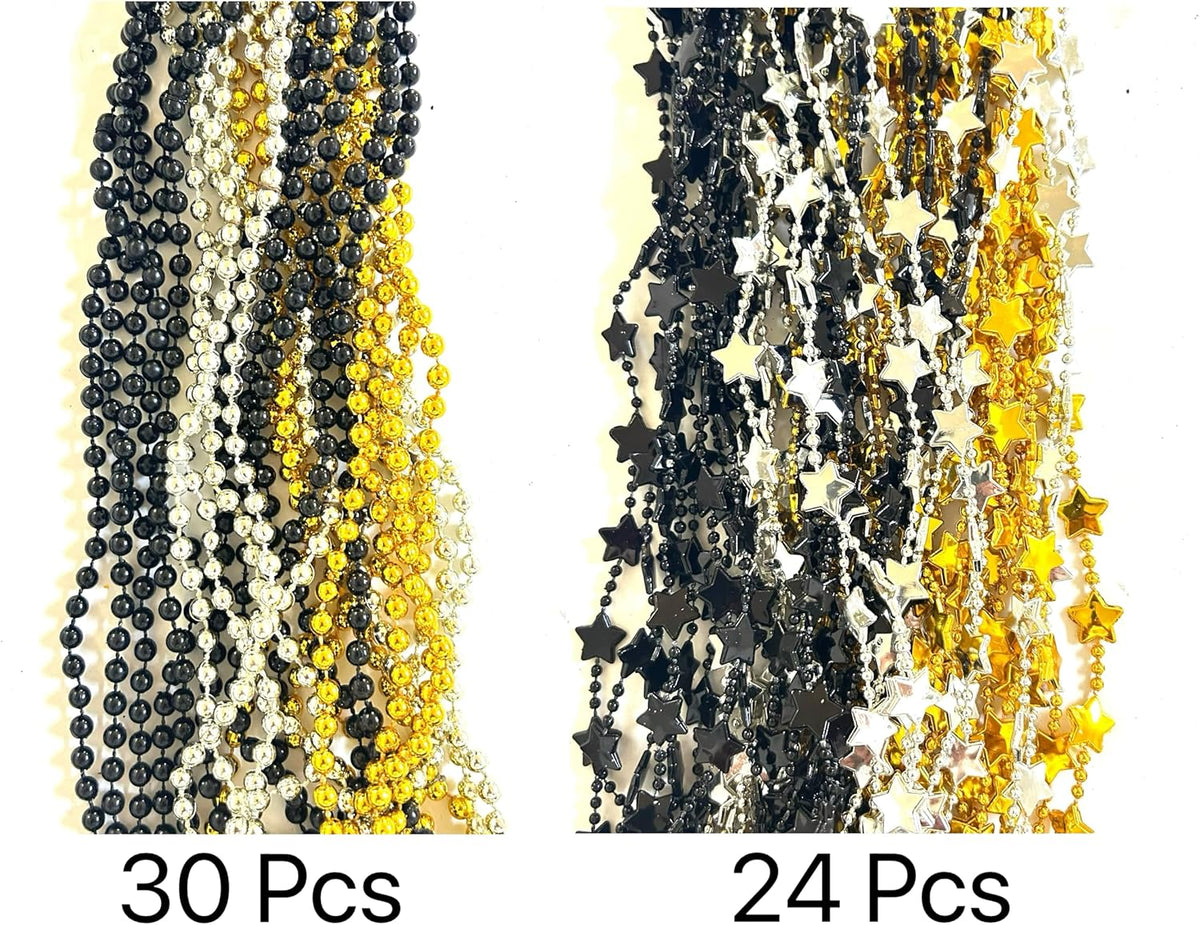 81 Pcs Happy New Year Beads Necklaces - Black, Gold, Silver - New Year Eve Bulk Accessories & Decorations